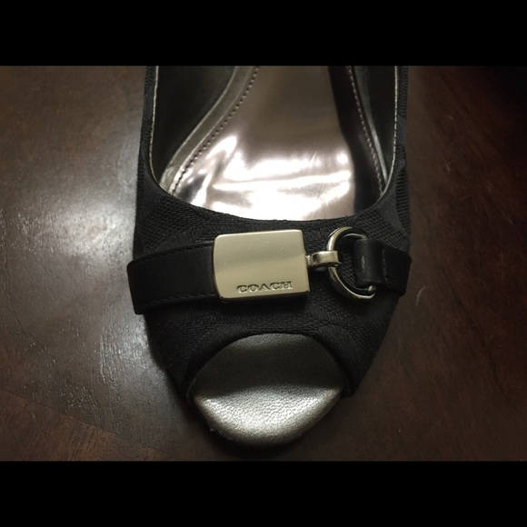 Black Coach peep toe wedges with silver hardware - Picture 4 of 4